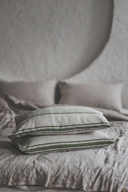 French style linen pillowcase with green stripes