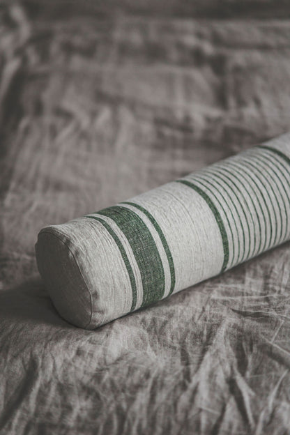 French style linen bolster pillow cover with green stripes