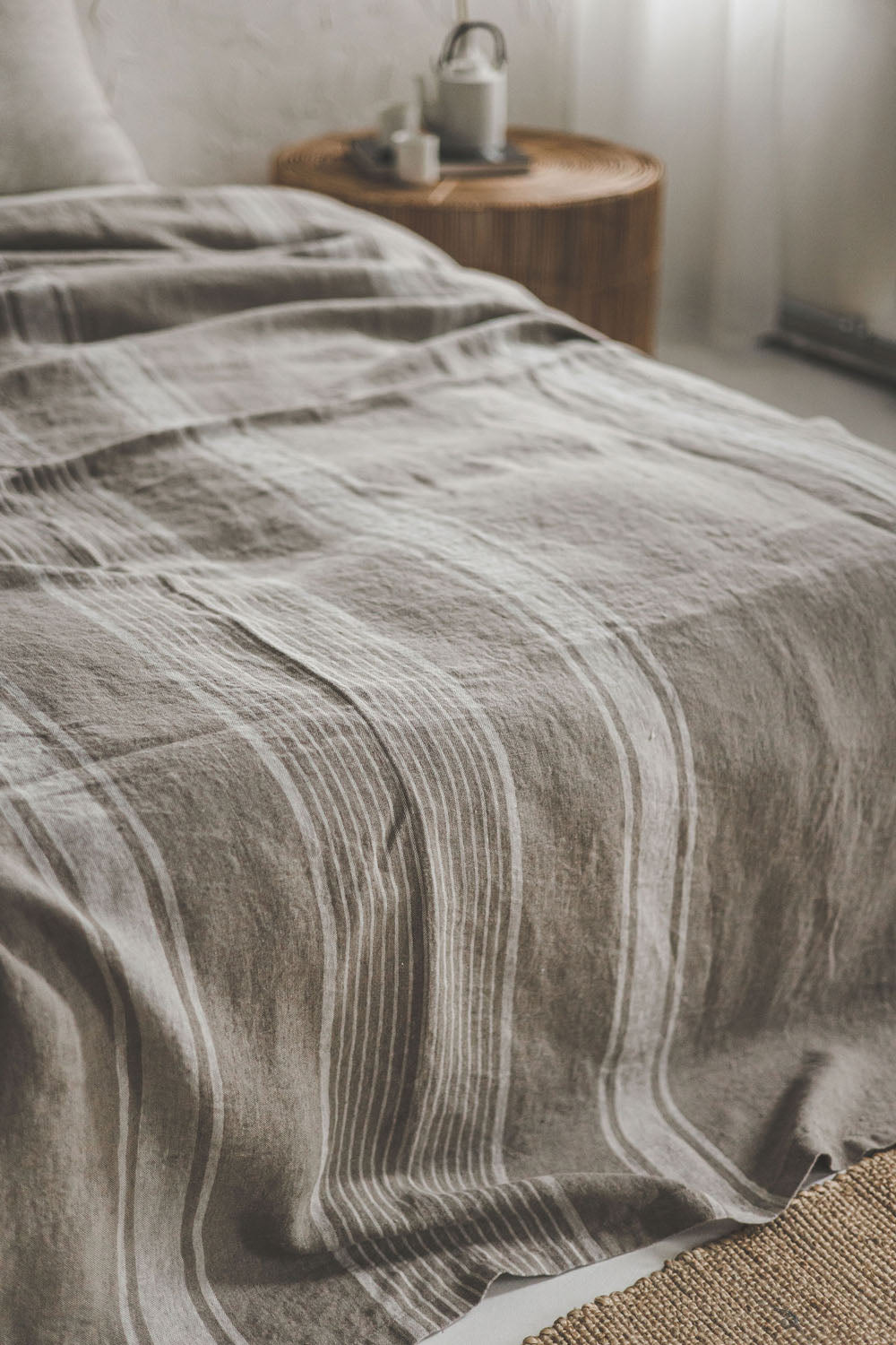 French style linen bedspread with natural stripes