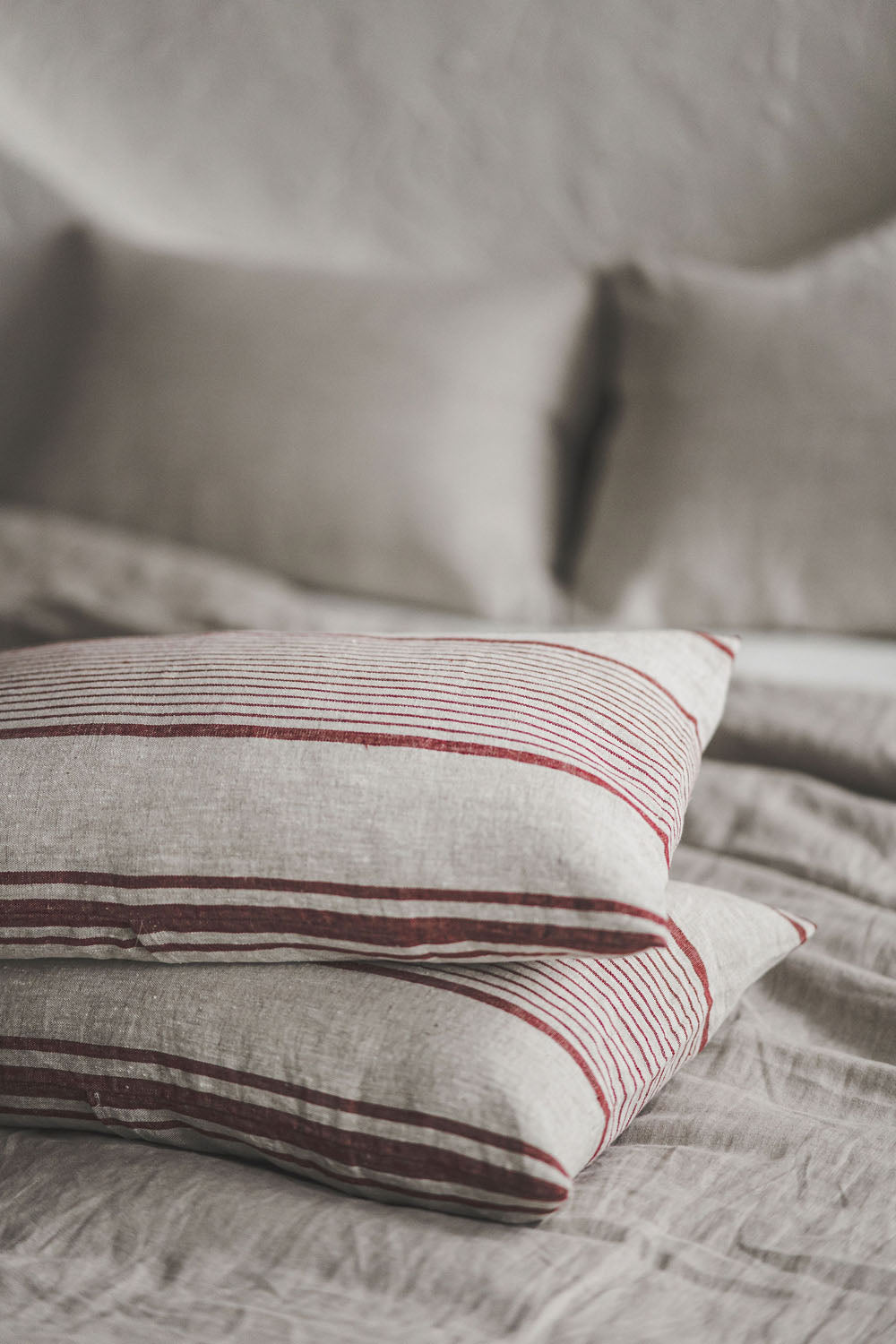 French style linen pillowcase with cherry red stripes