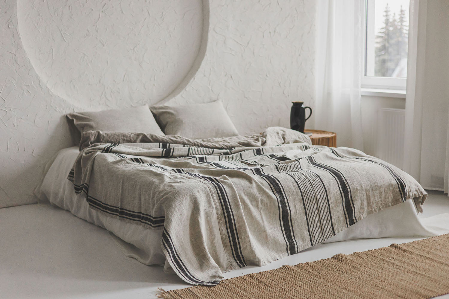 French style linen bedspread with black stripes