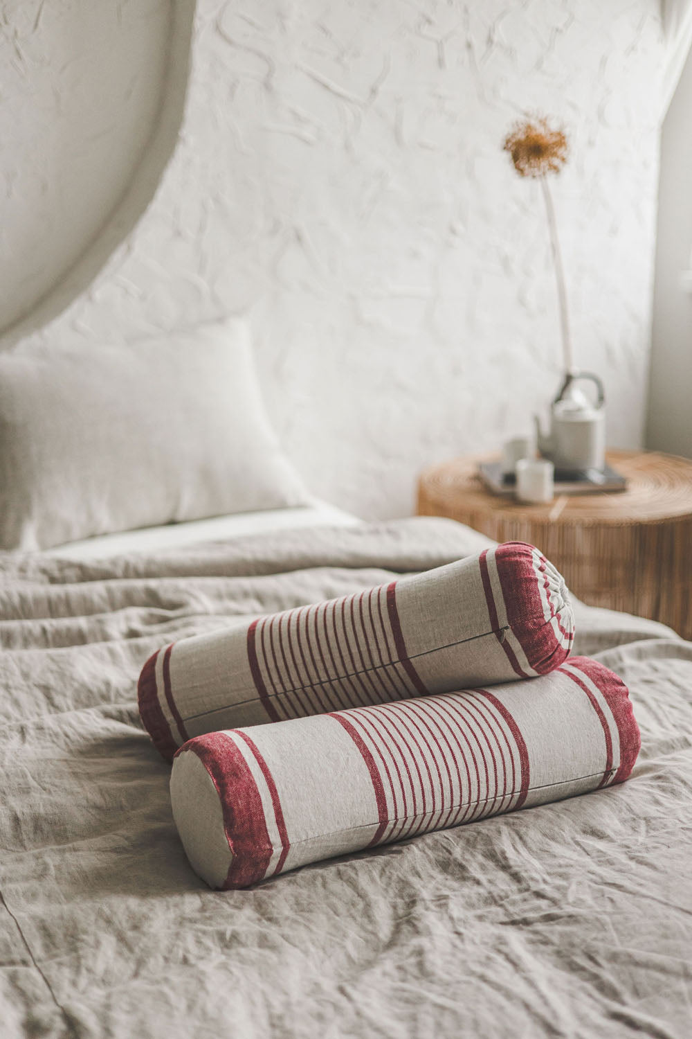 French style linen bolster pillow cover with cherry red stripes