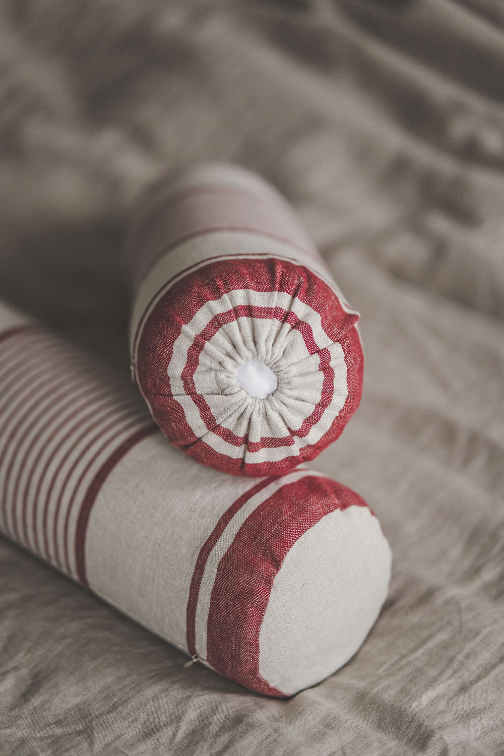 French style linen bolster pillow cover with cherry red stripes