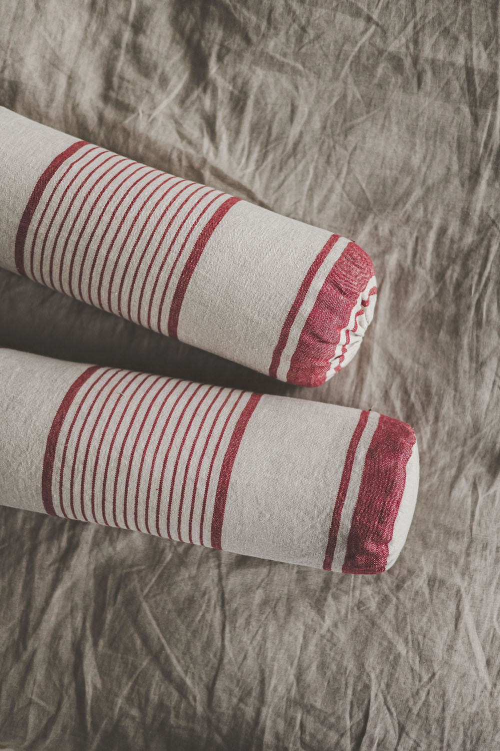 French style linen bolster pillow cover with cherry red stripes