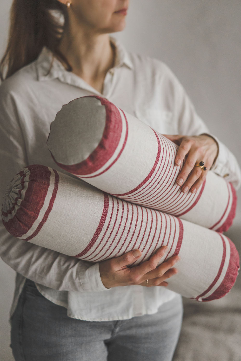 French style linen bolster pillow cover with cherry red stripes