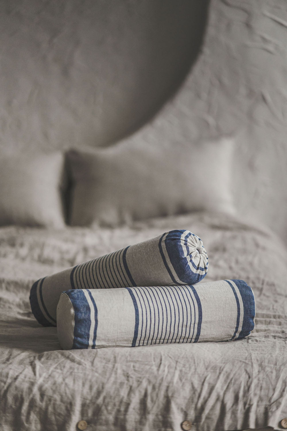 French style linen bolster pillow cover with blue stripes