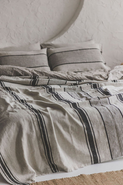 French style linen bedspread with black stripes