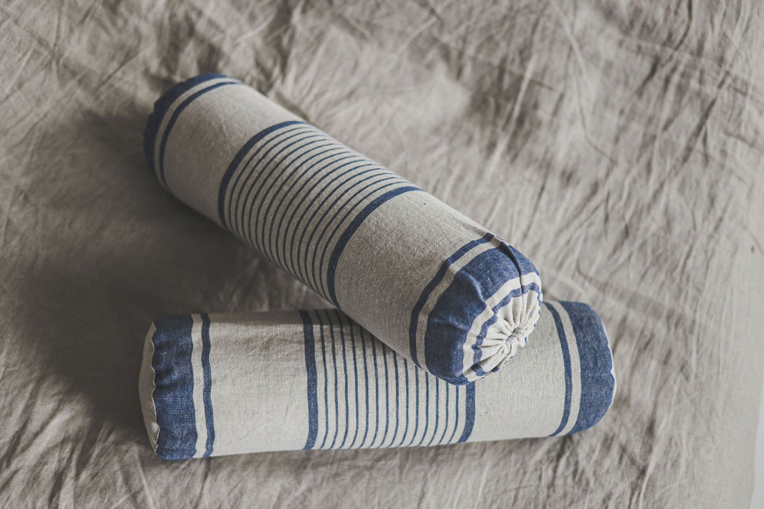 French style linen bolster pillow cover with blue stripes