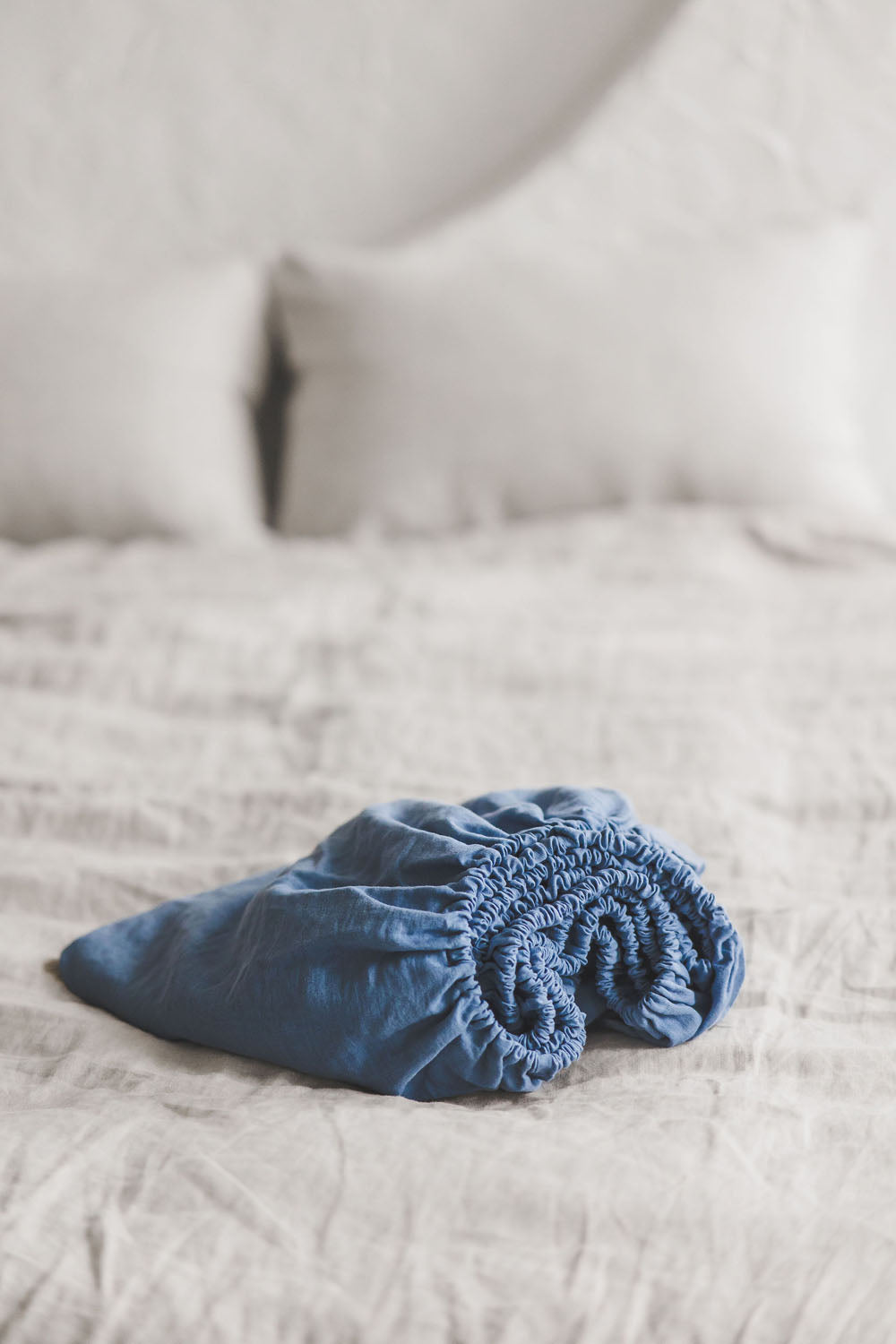 Cornflower blue linen fitted sheet