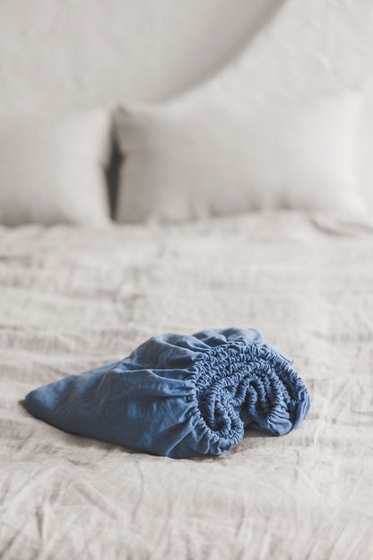 Cornflower blue linen fitted sheet