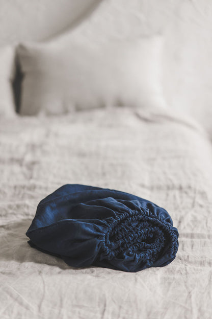 Midnight blue linen fitted sheet