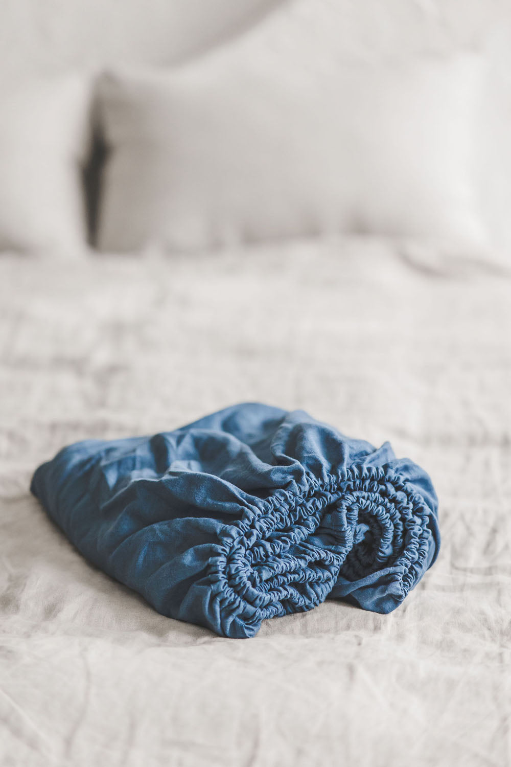 Cornflower blue linen fitted sheet