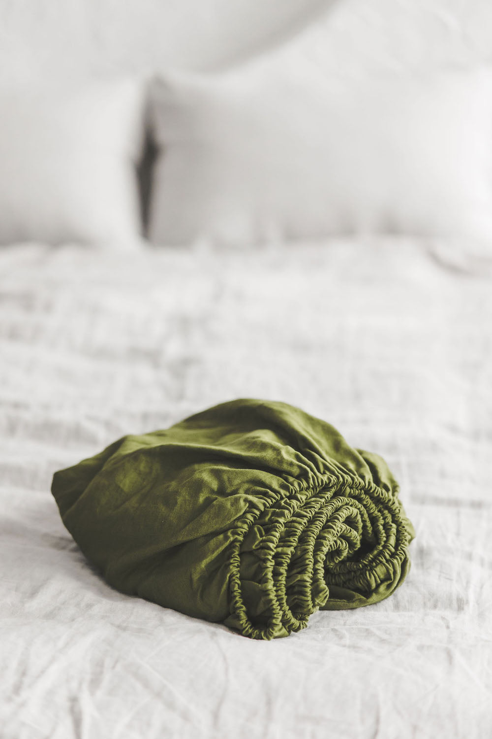 Moss green linen fitted sheet