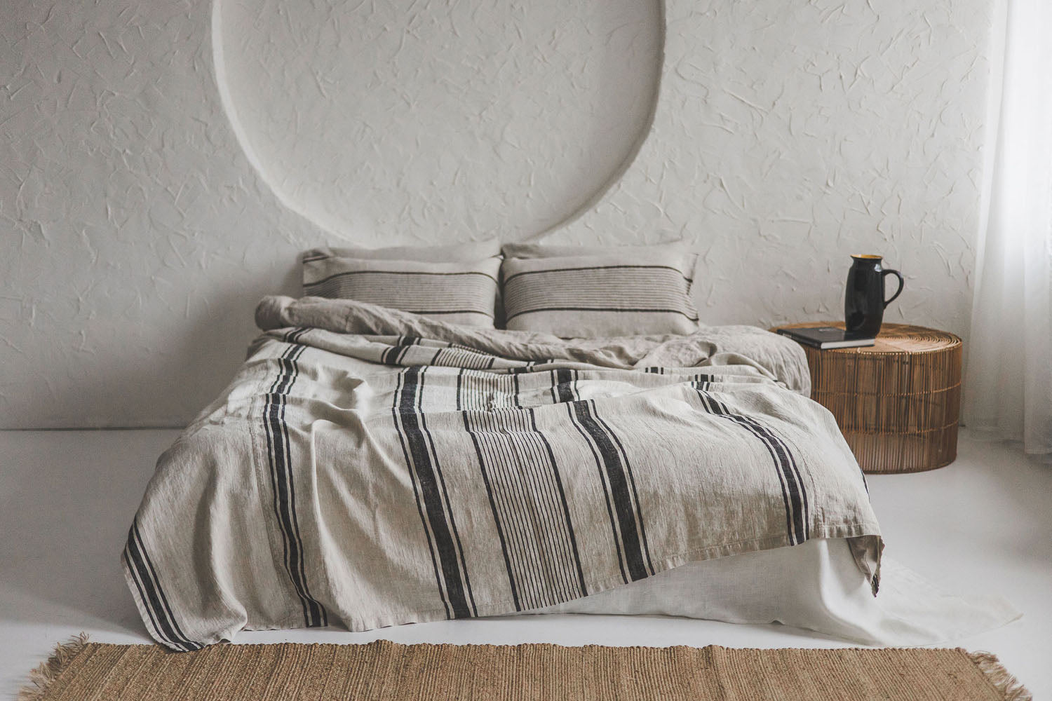 French style linen bedspread with black stripes