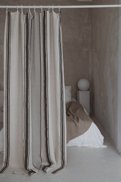 French style linen curtain with black stripes and simple hem, for clips