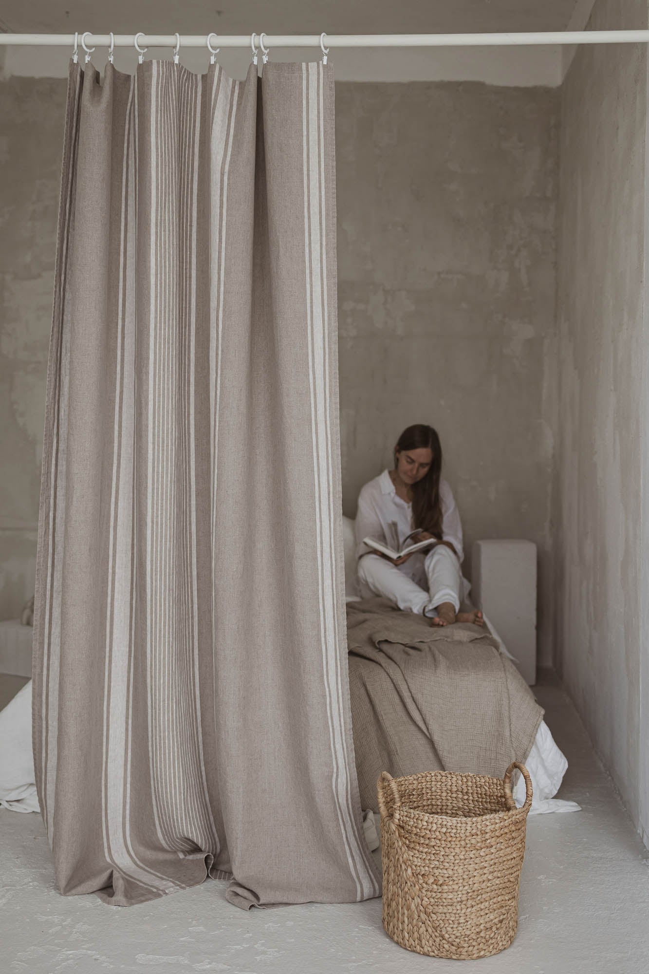 French style linen curtain with natural stripes and simple hem, for clips