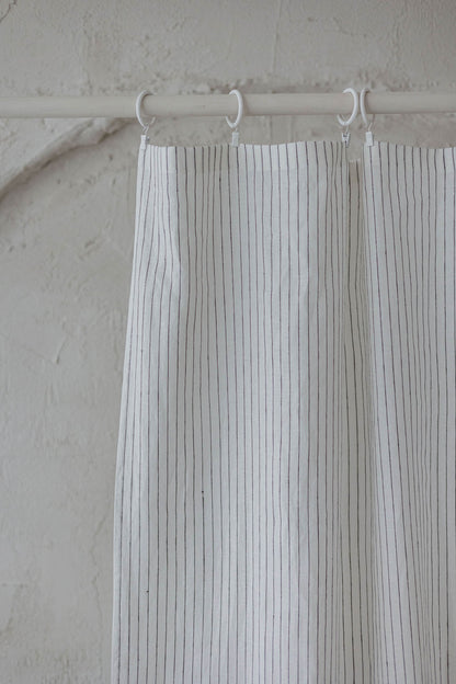 White linen curtain with black stripes and simple hem, for clips