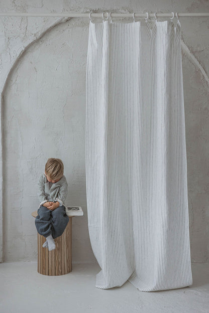 White linen curtain with black stripes and simple hem, for clips