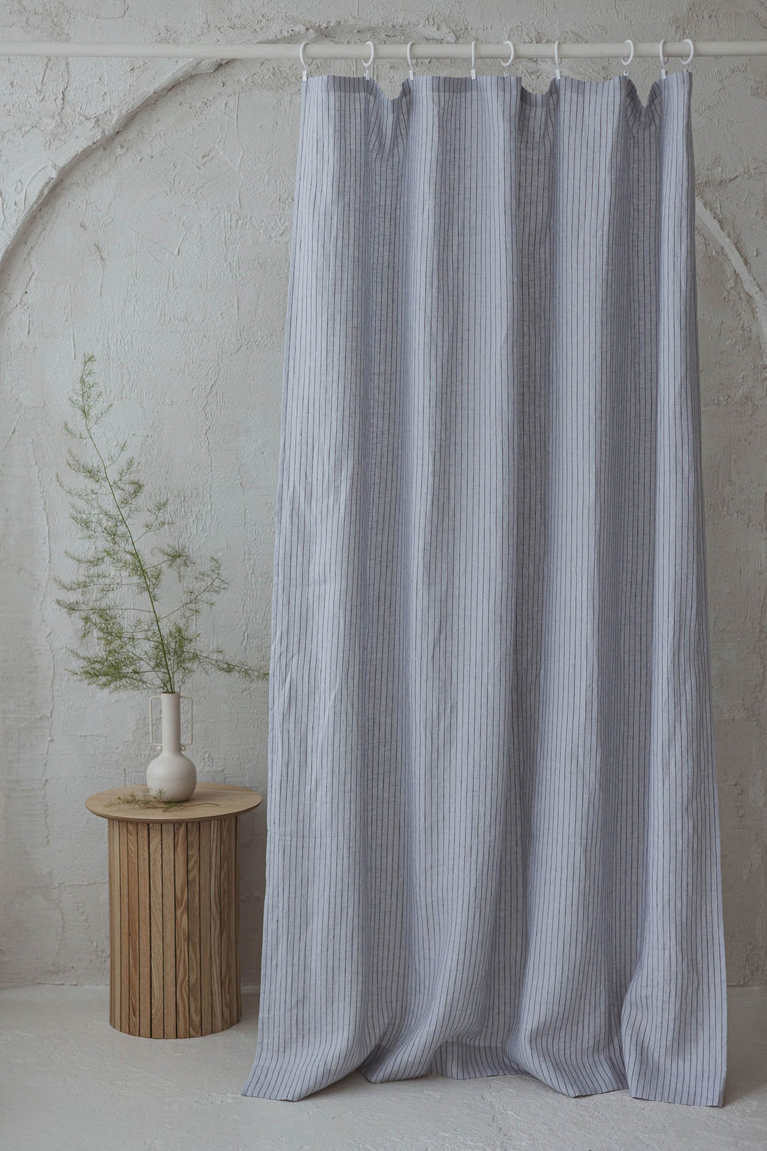 Grey linen curtain with black stripes and simple hem, for clips