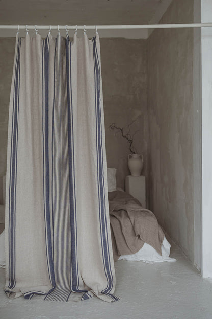 French style linen curtain with blue stripes and simple hem, for clips