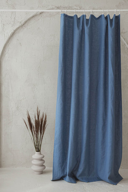 Denim blue linen curtain with simple hem, for clips