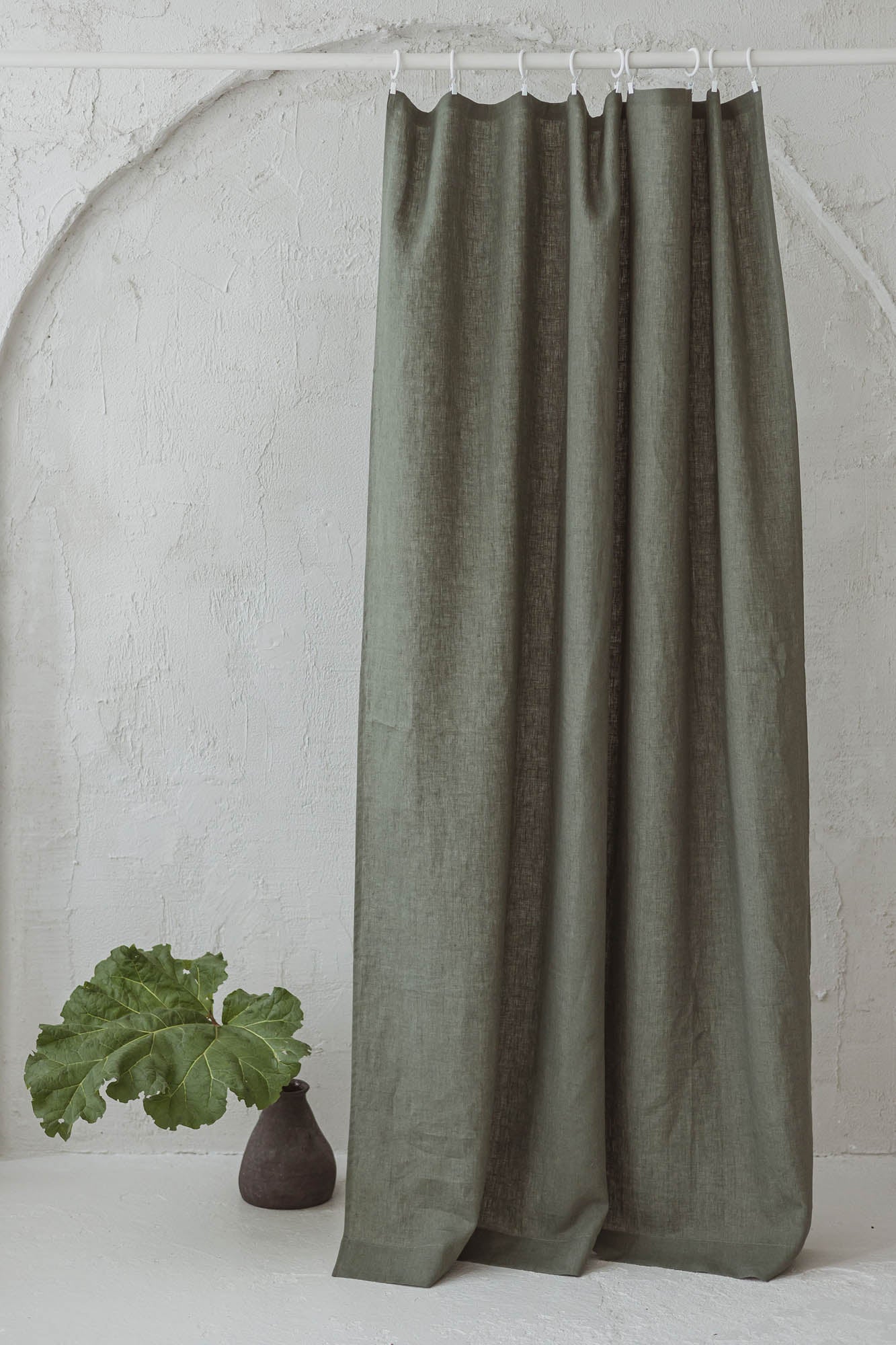 Gray green linen curtain with simple hem, for clips