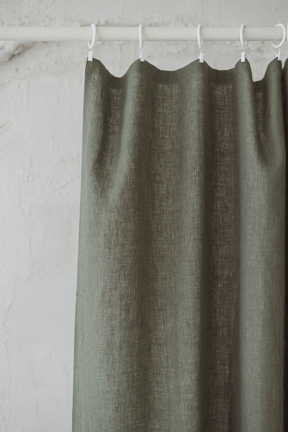 Gray green linen curtain with simple hem, for clips