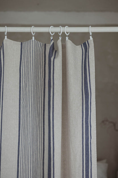 French style linen curtain with blue stripes and simple hem, for clips