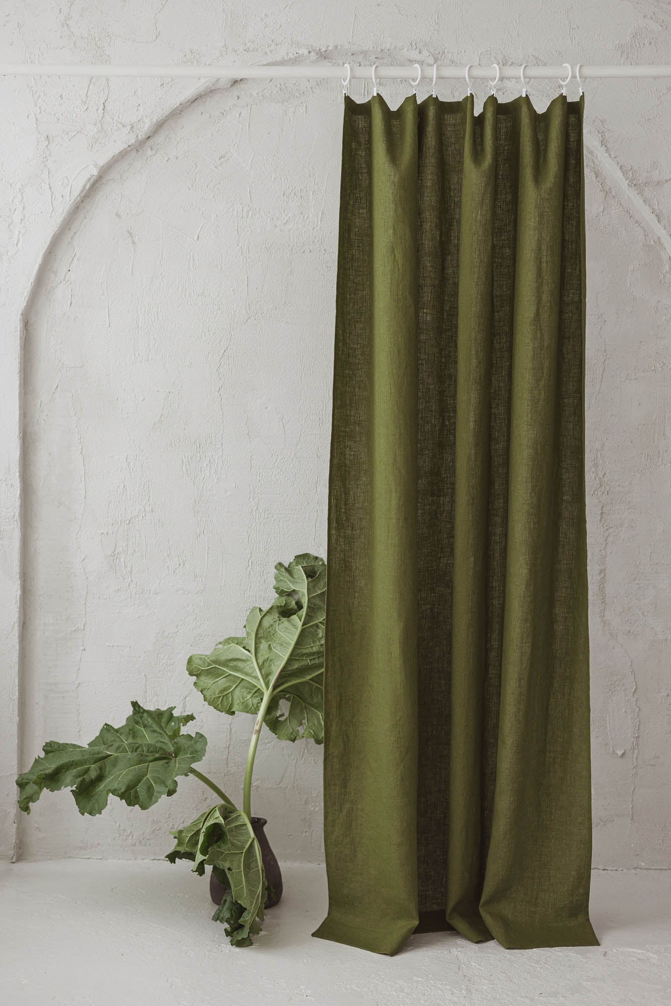 Moss green linen curtain with simple hem, for clips