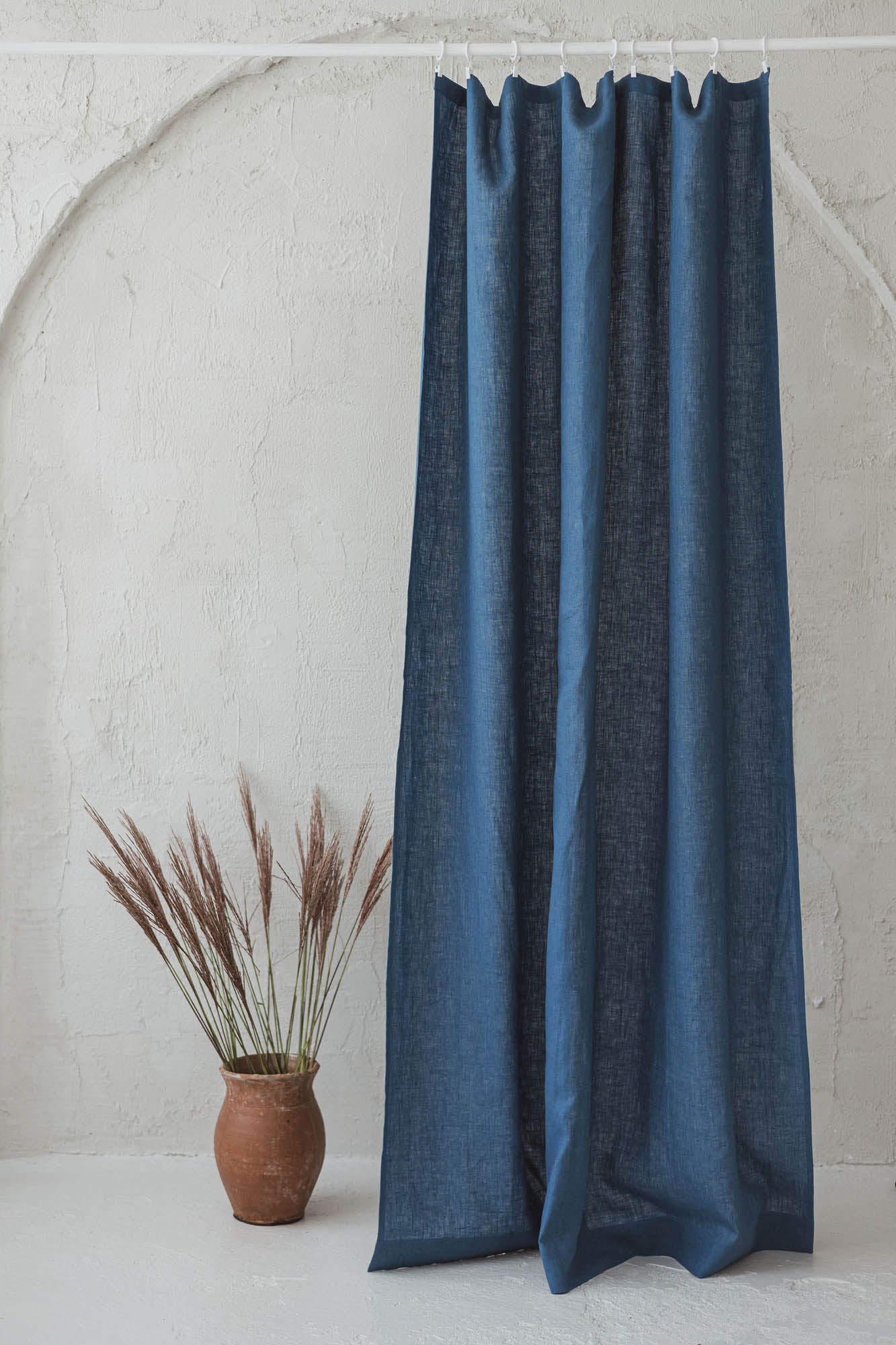 Cornflower blue linen curtain with simple hem, for clips