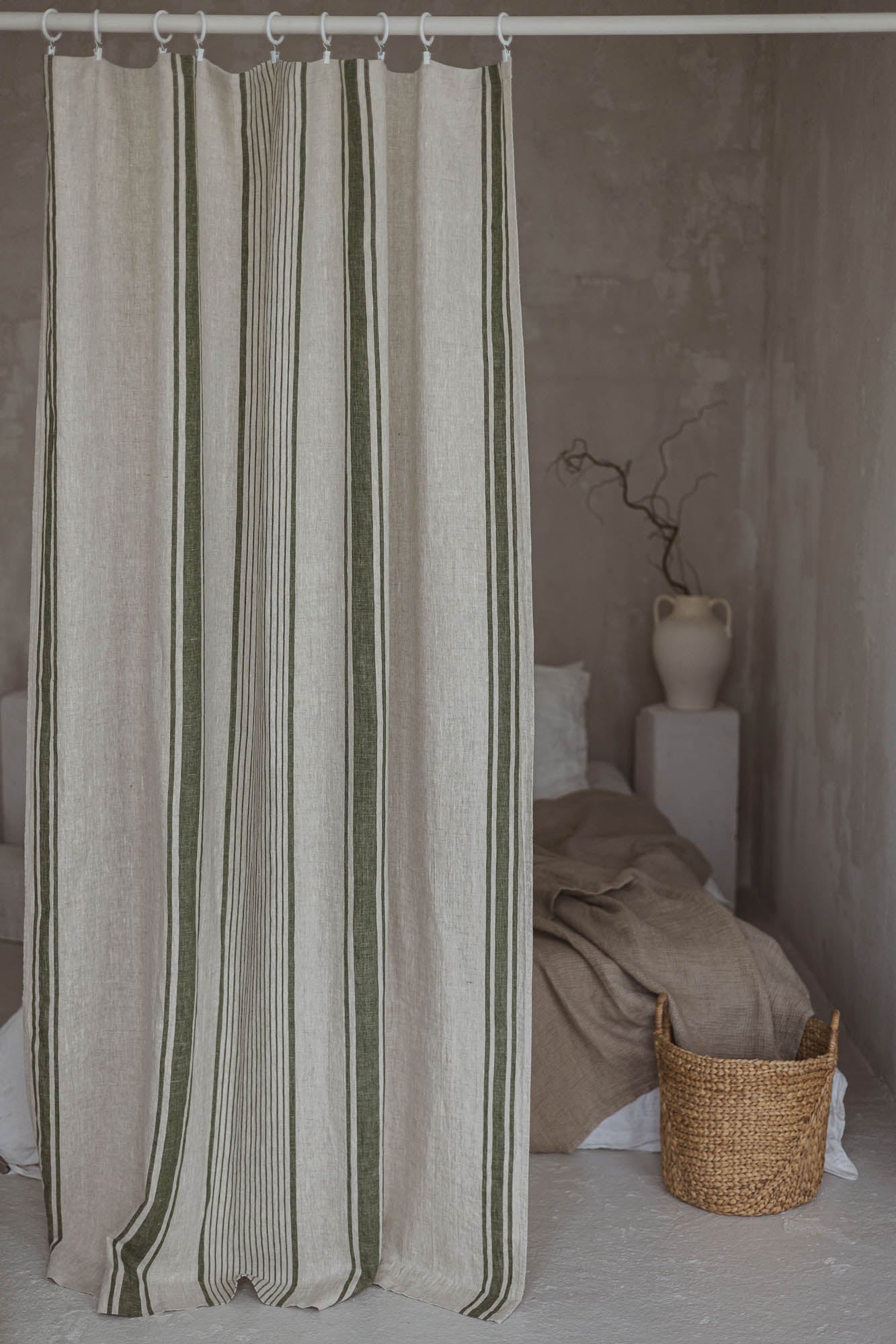 French style linen curtain with green stripes and simple hem, for clips