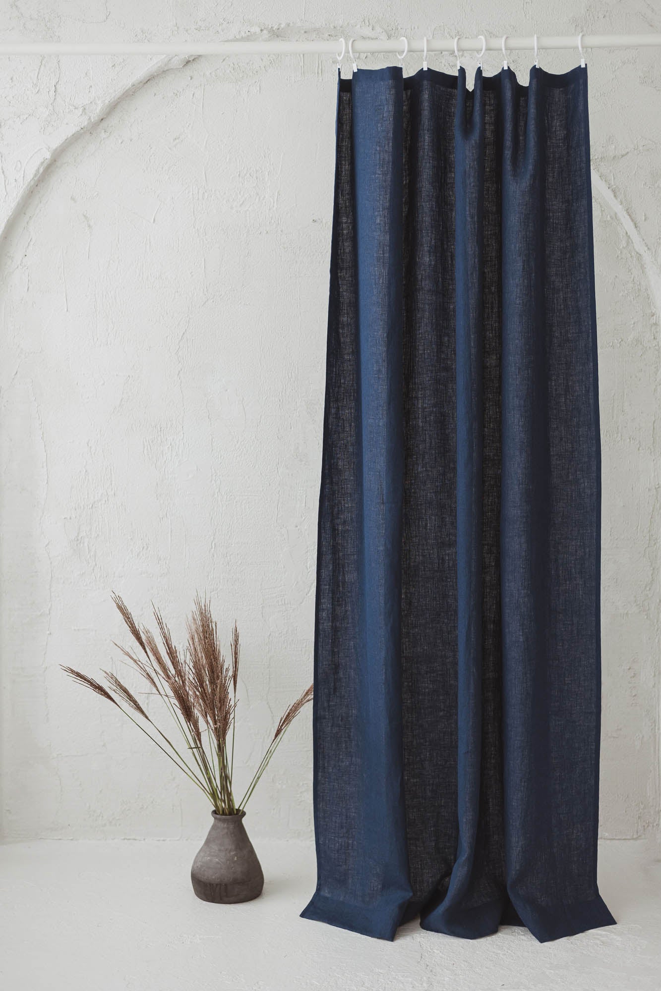 Midnight blue linen curtain with simple hem, for clips