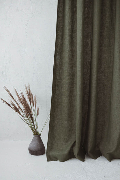 Forest green linen curtain with simple hem, for clips