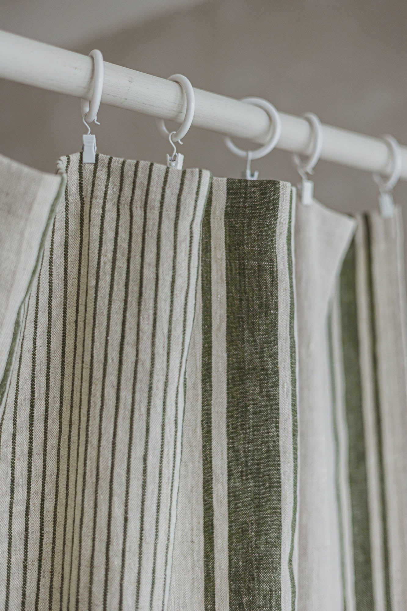 French style linen curtain with green stripes and simple hem, for clips