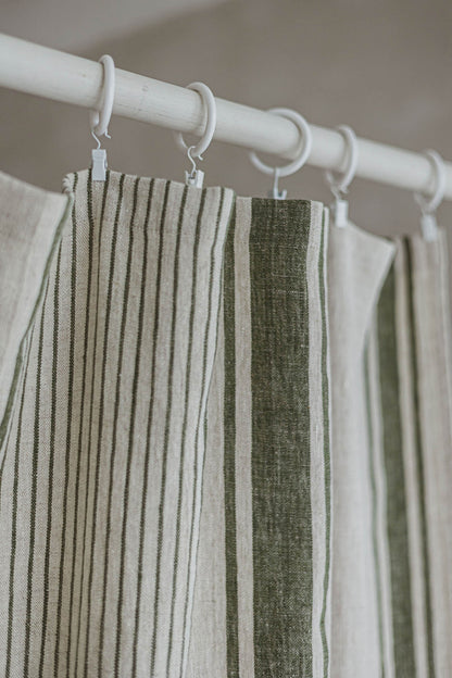 French style linen curtain with green stripes and simple hem, for clips