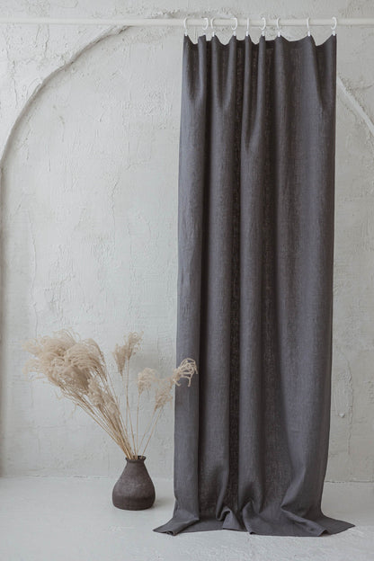 Heavyweight charcoal gray linen curtain with simple hem, for clips