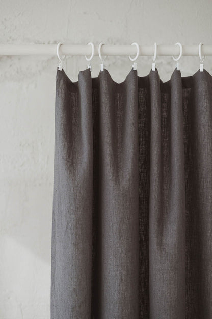 Heavyweight charcoal gray linen curtain with simple hem, for clips