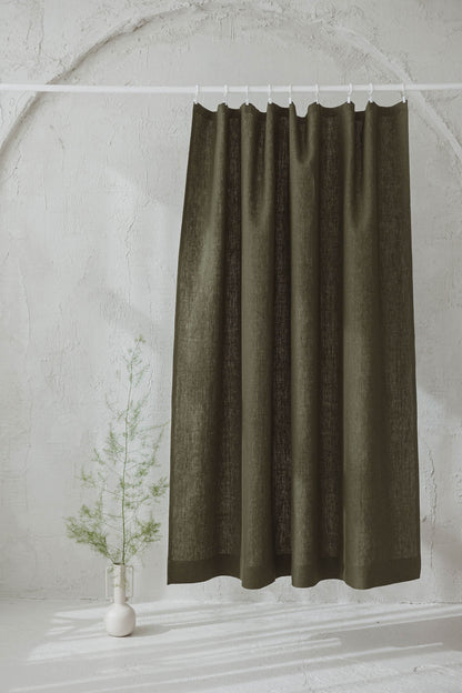 Heavyweight forest green linen curtain with simple hem, for clips