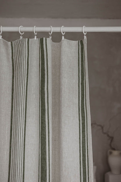 French style linen curtain with green stripes and simple hem, for clips