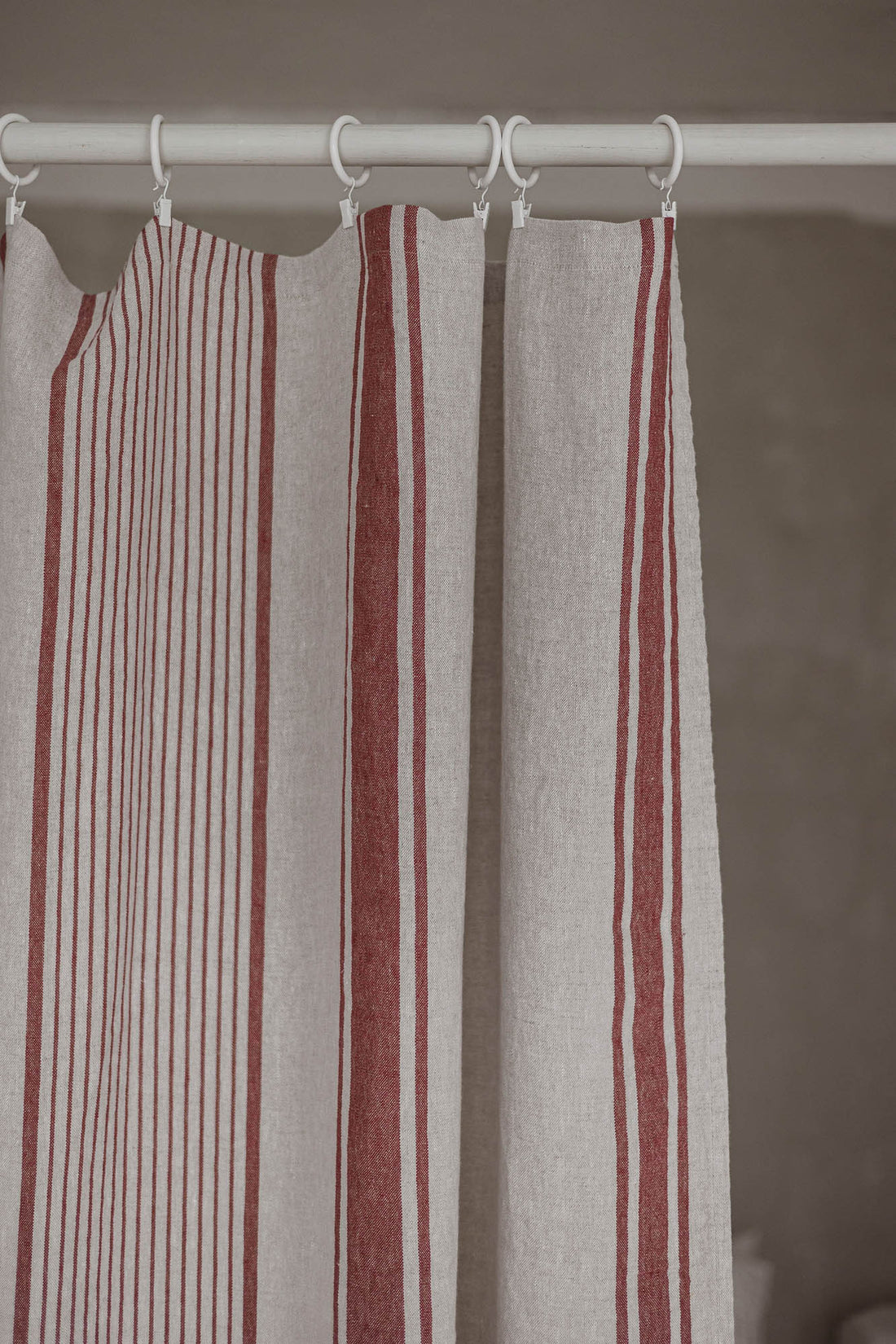French style linen curtain with cherry red stripes and simple hem, for clips