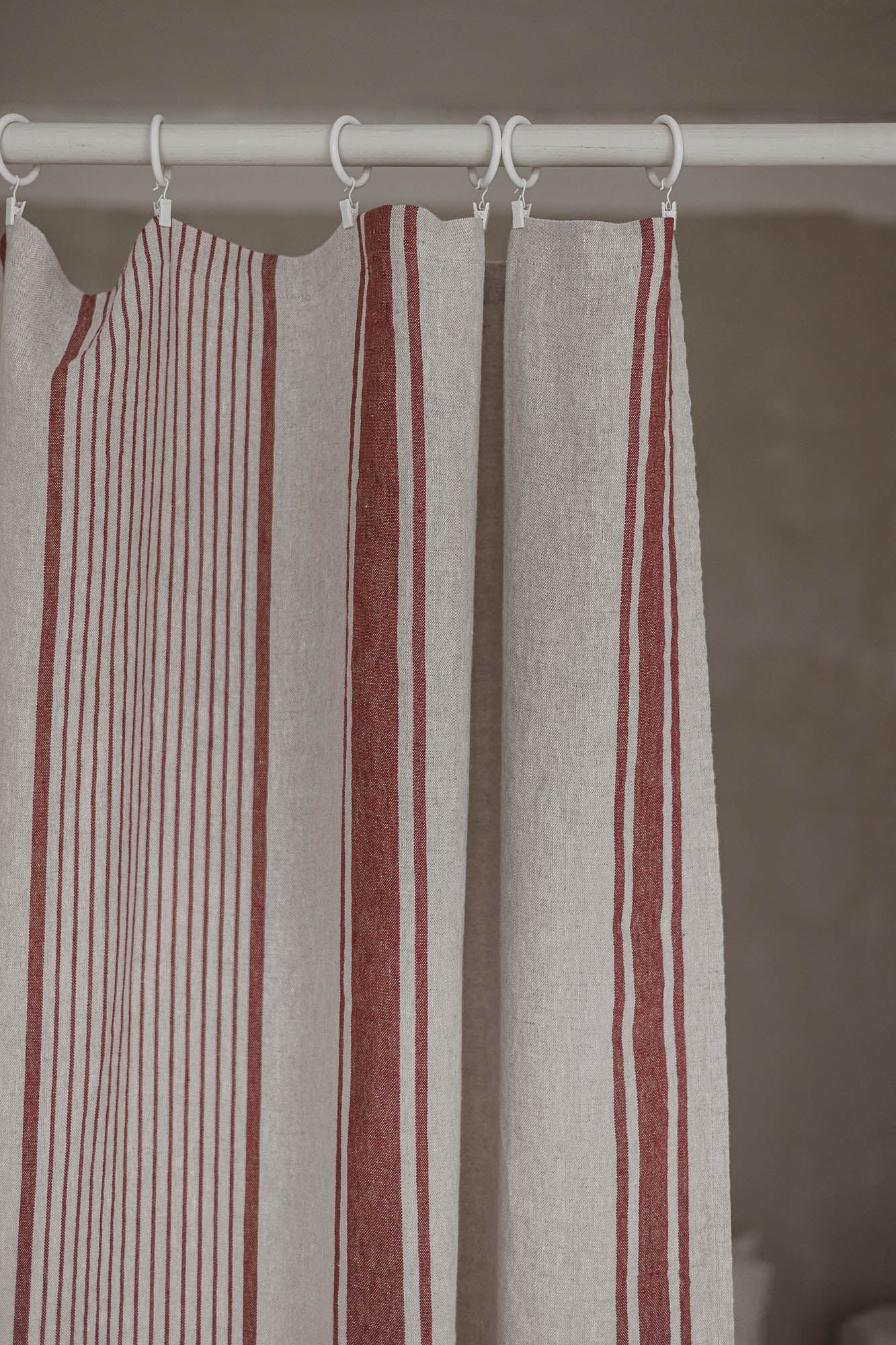 French style linen curtain with cherry red stripes and simple hem, for clips