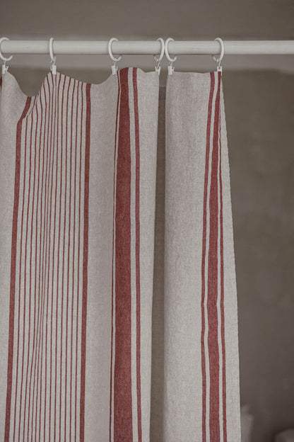 French style linen curtain with cherry red stripes and simple hem, for clips