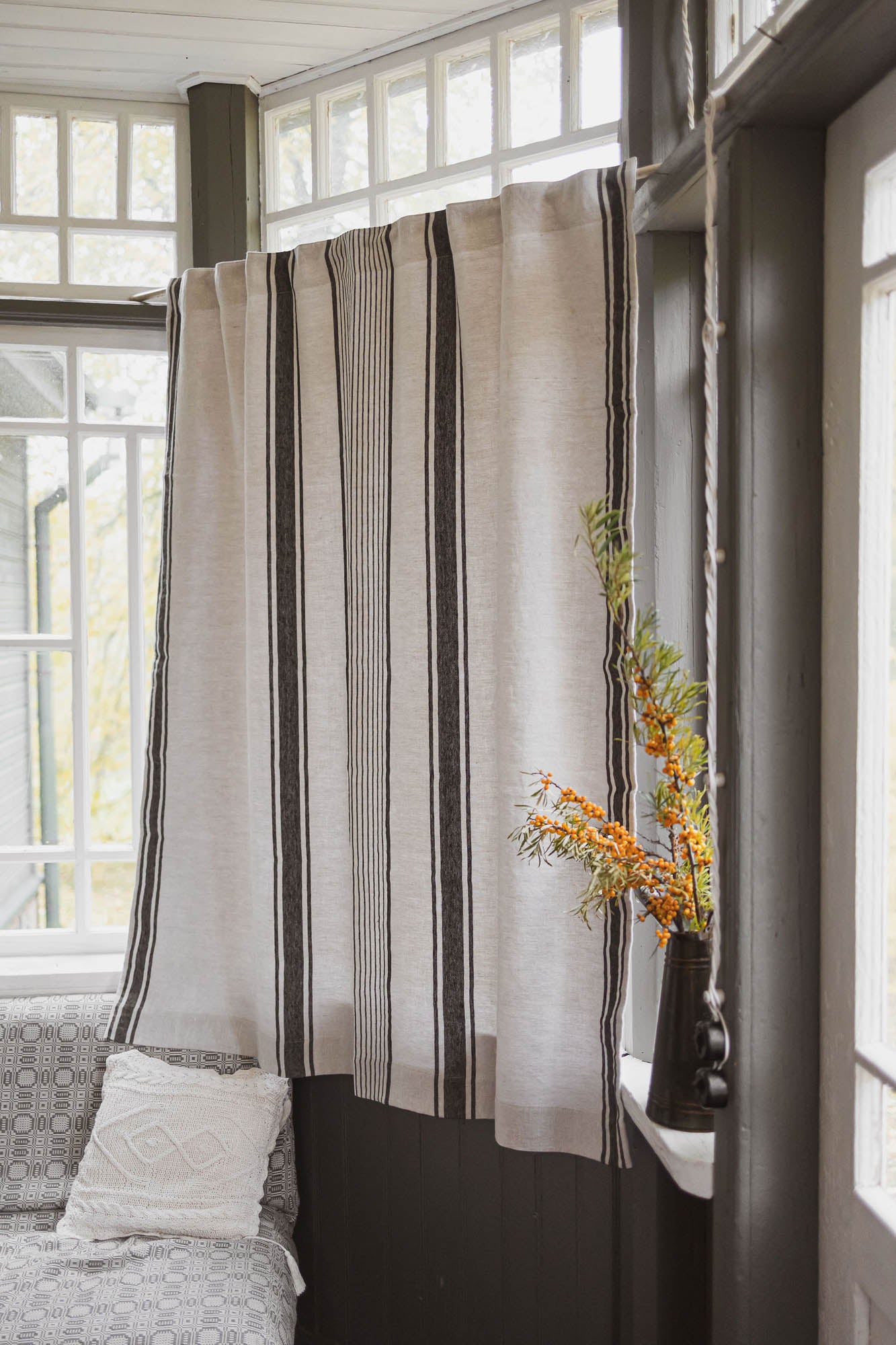 French style linen curtain with black stripes, cotton lining, and multifunctional heading tape