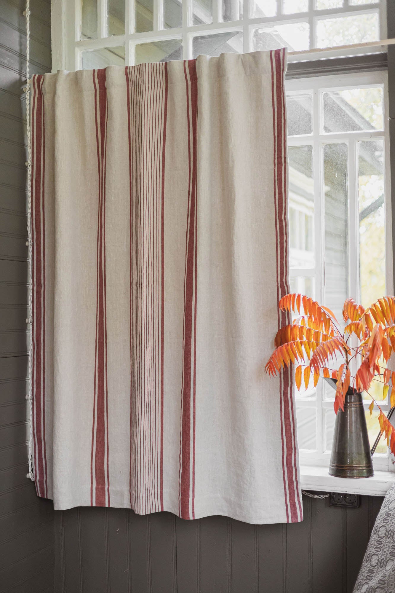 French style blackout linen curtain with cherry red stripes and multifunctional heading tape