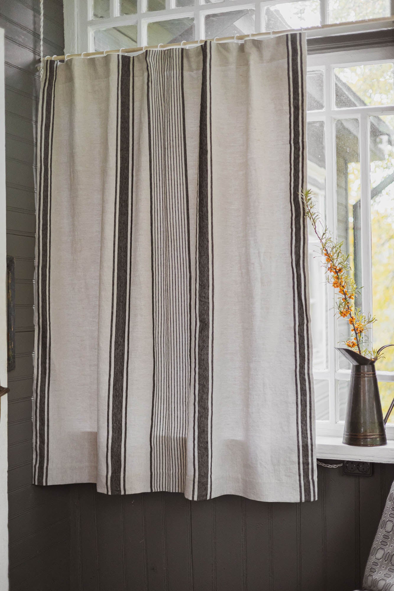 French style linen curtain with black stripes, cotton lining, and multifunctional heading tape