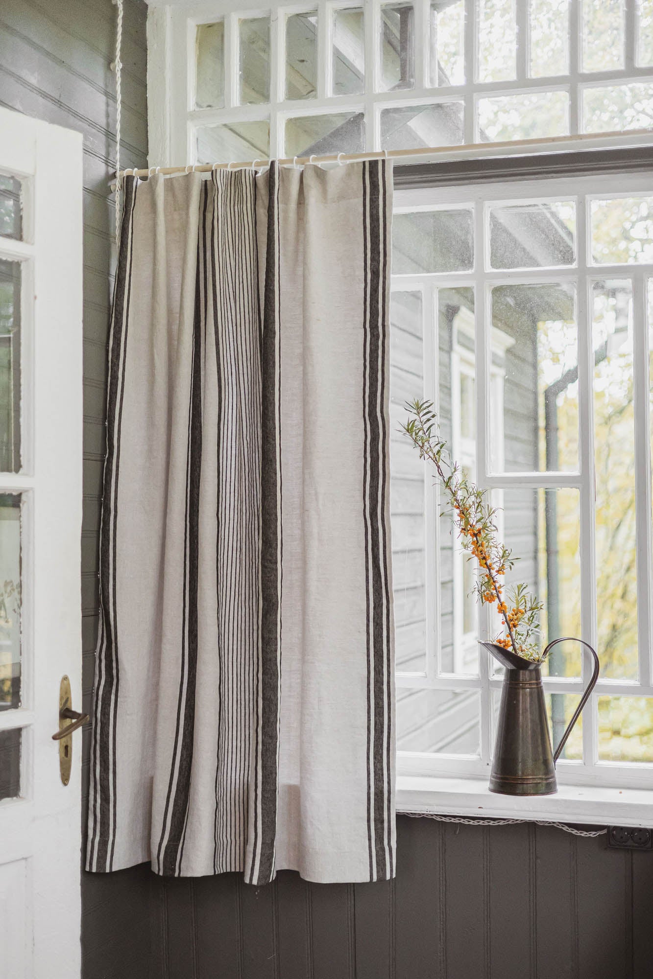 French style linen curtain with black stripes, cotton lining, and multifunctional heading tape