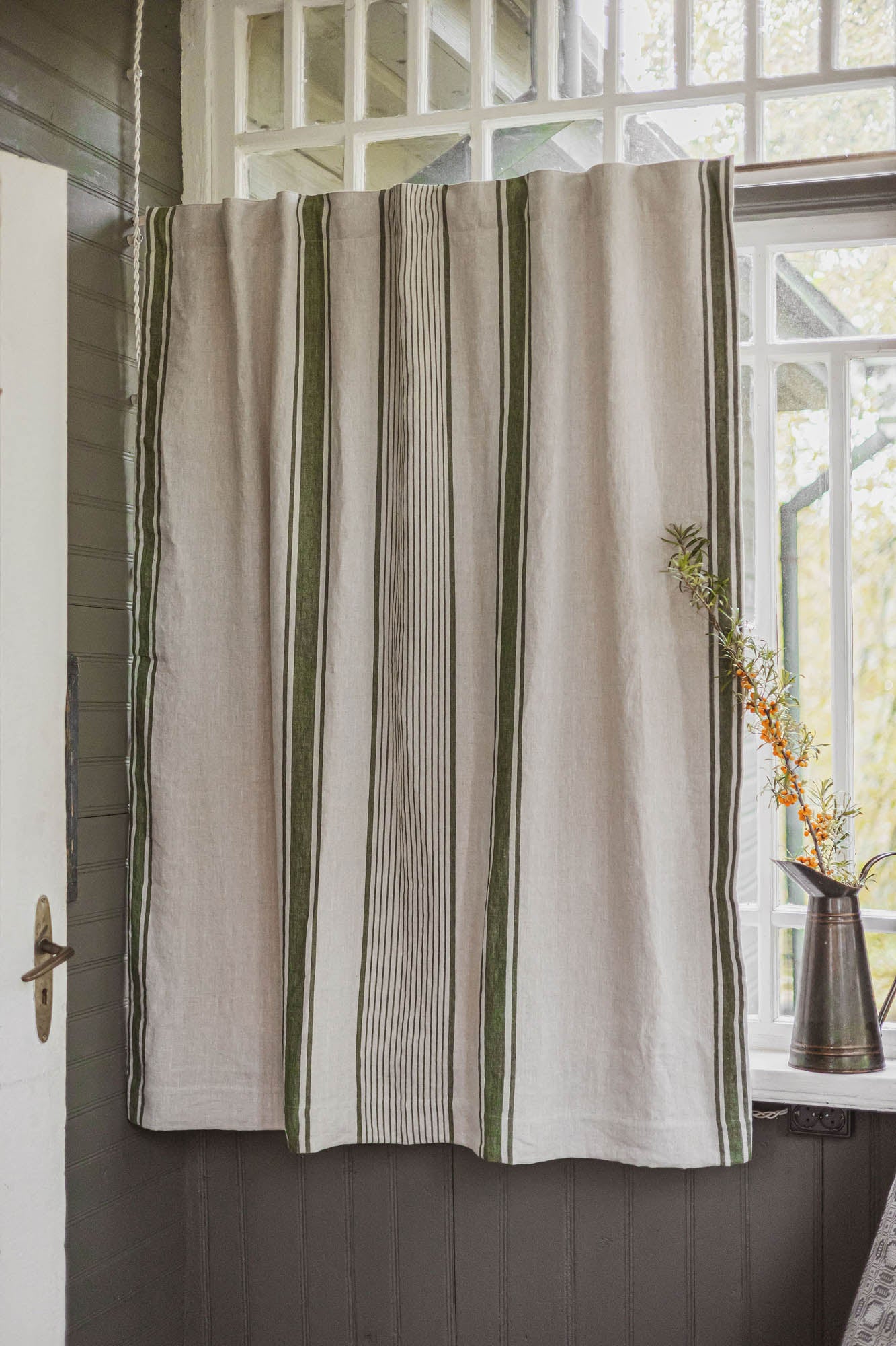 French style blackout linen curtain with green stripes and multifunctional heading tape