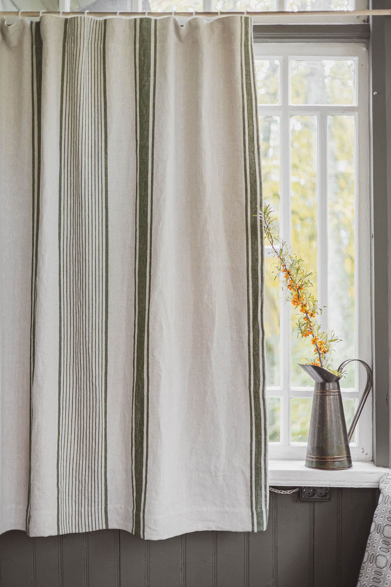 French style blackout linen curtain with green stripes and multifunctional heading tape