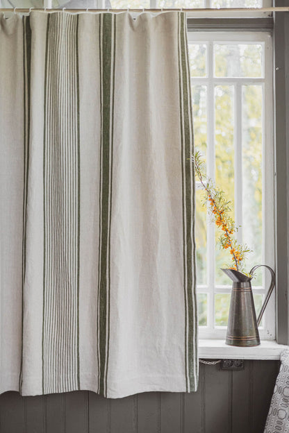 French style blackout linen curtain with green stripes and multifunctional heading tape