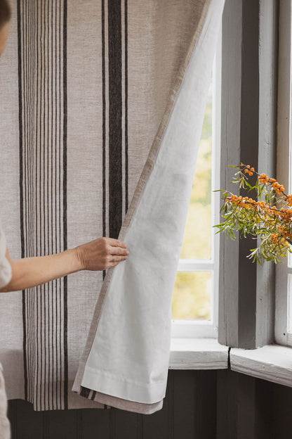 French style linen curtain with black stripes, cotton lining, and multifunctional heading tape
